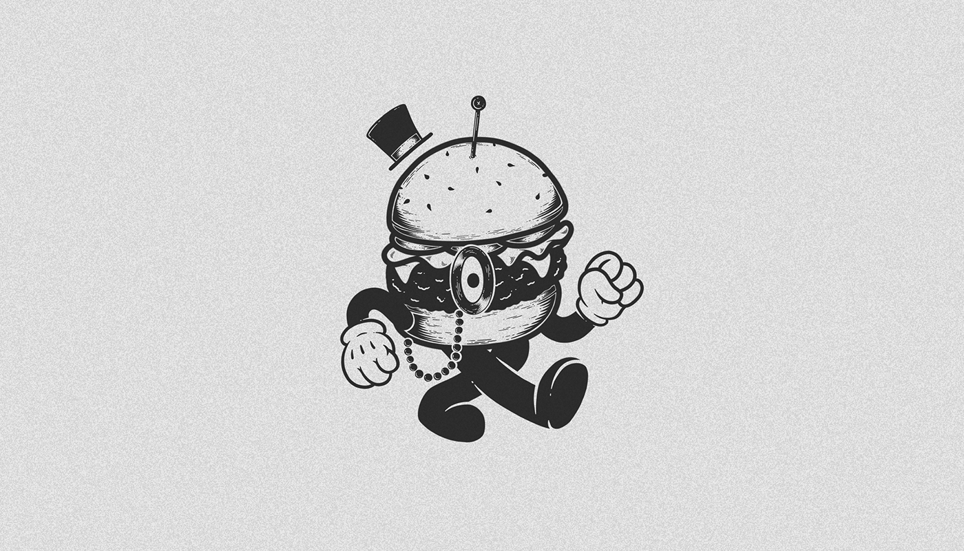 b&w black and white burger cartoon Cheeseburger hamburger ILLUSTRATION  ipad pro Procreate rubber hose