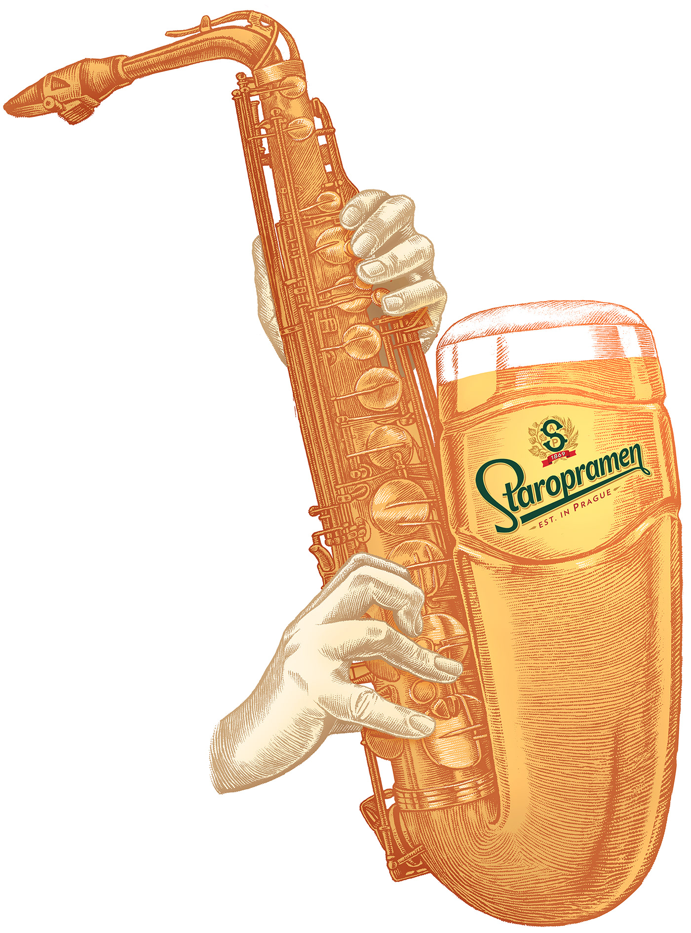 beer beer mug digital engraving ILLUSTRATION  jazz saxophone Staropramen Vector Illustration