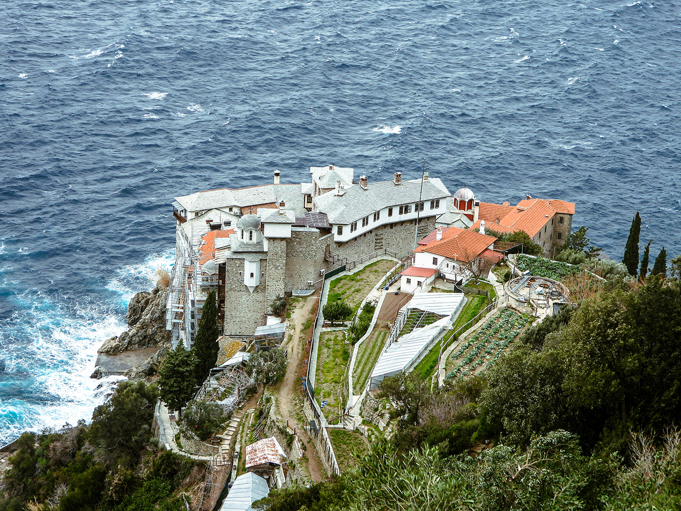 monastery holy Christian Orthodox mountains monks Mount Athos sea