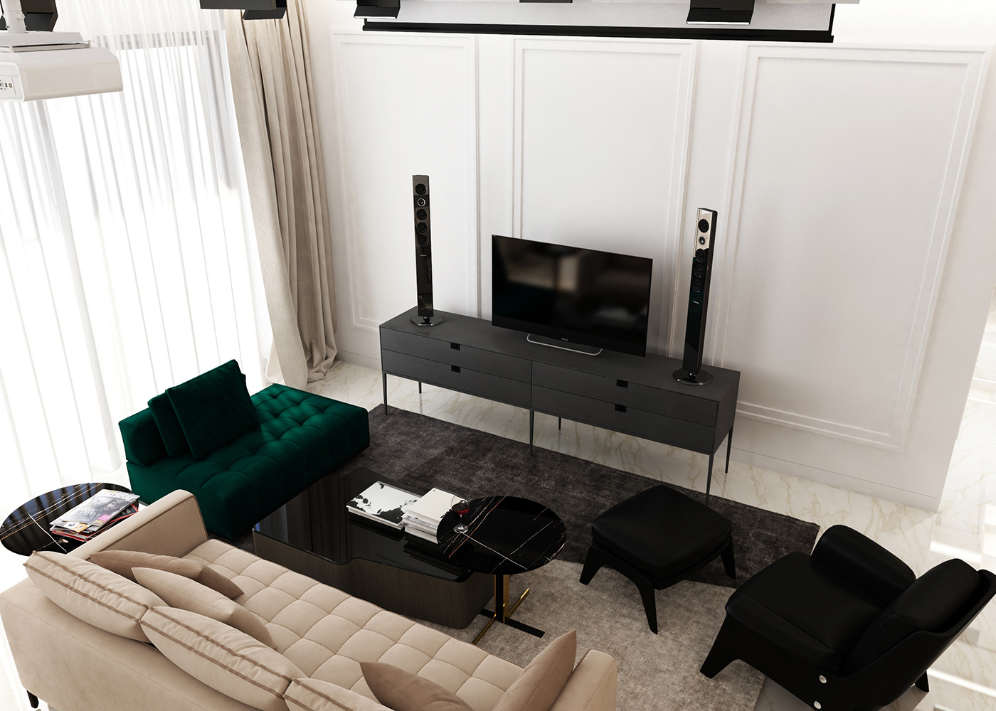 interiordesign design Lviv deepgreen brass CG vray livingroom kitchen