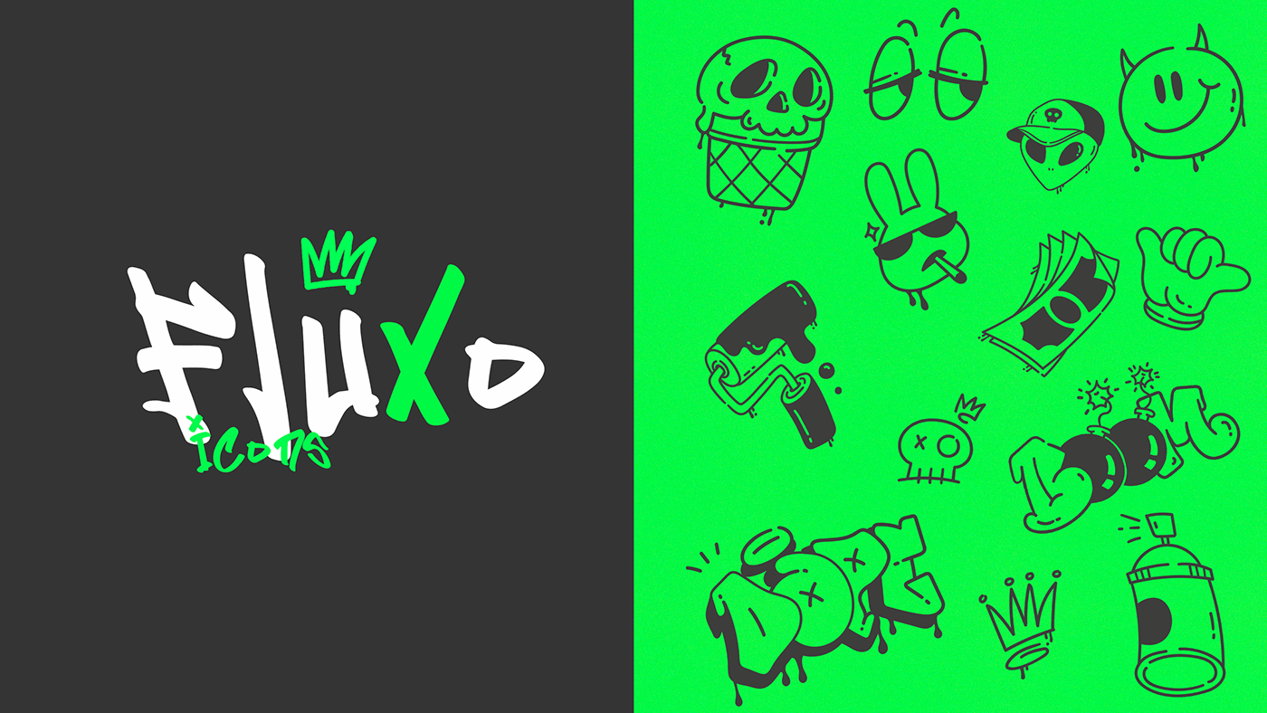 Graffiti-themed icons with the text 'Fluxo icons'