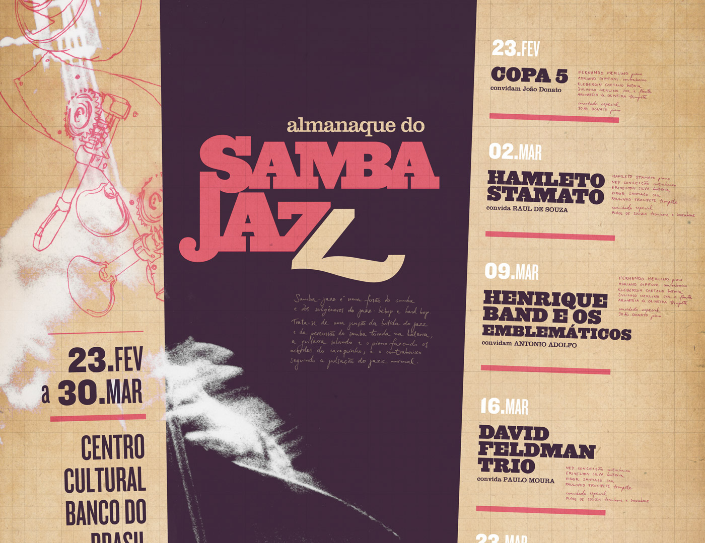 Samba jazz type hand letterring hand drawing bass vintage aged editorial Booklet concert series