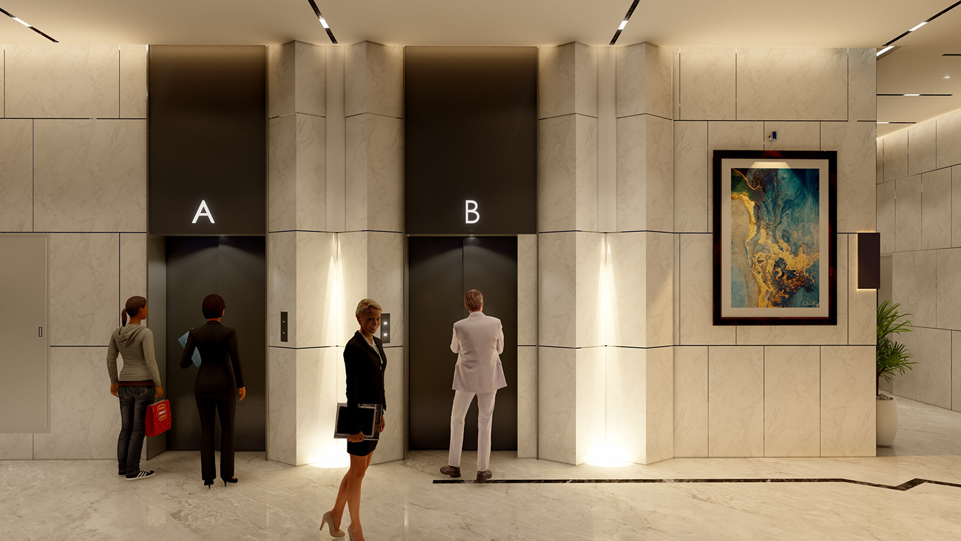 interior design  lift lobby architecture commercial 3D visualization Render design Interior modern
