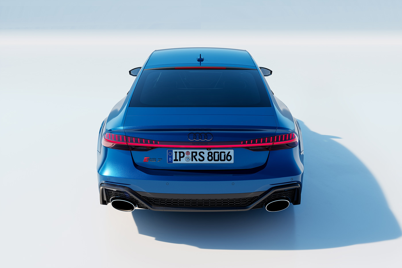 the rear camera angle for audi rs7 2020 sportback sepang blue color. natural daylight concept.