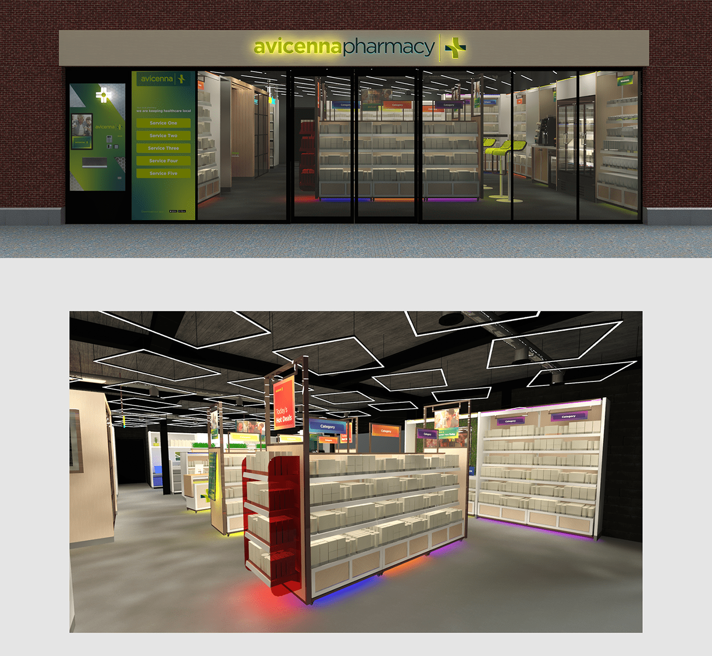 pharmacy medical Health Retail design store concept Render visualization 3D