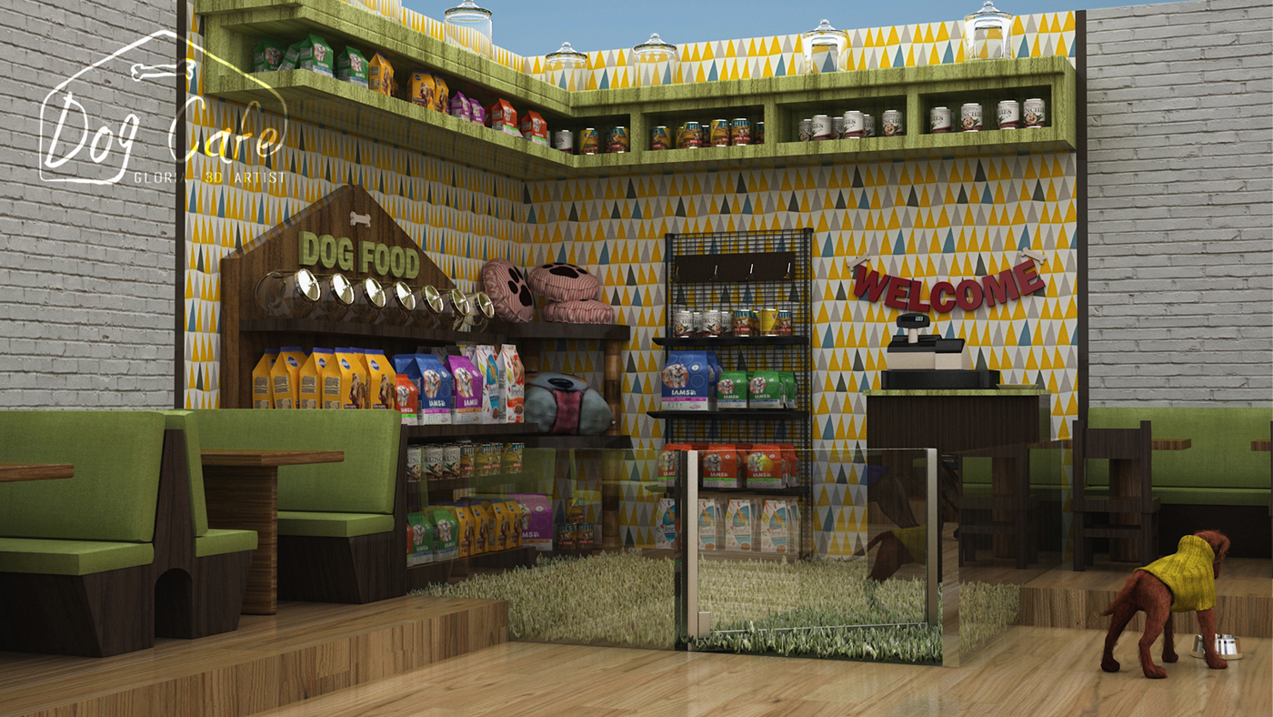 dog cafe Isometric 3D Interior dog cafe Interior green Dog store wood 3d cafe prototype cafe interior green cafe Low Poly Ps25Under25