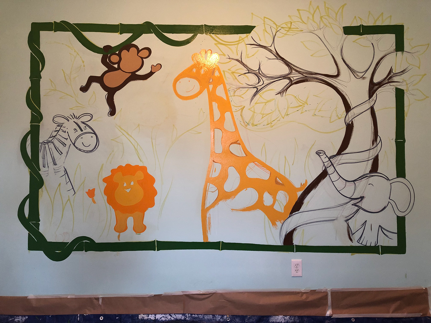 animals Drawing  freehand handpainted jungle Mural nursery paint signpainter