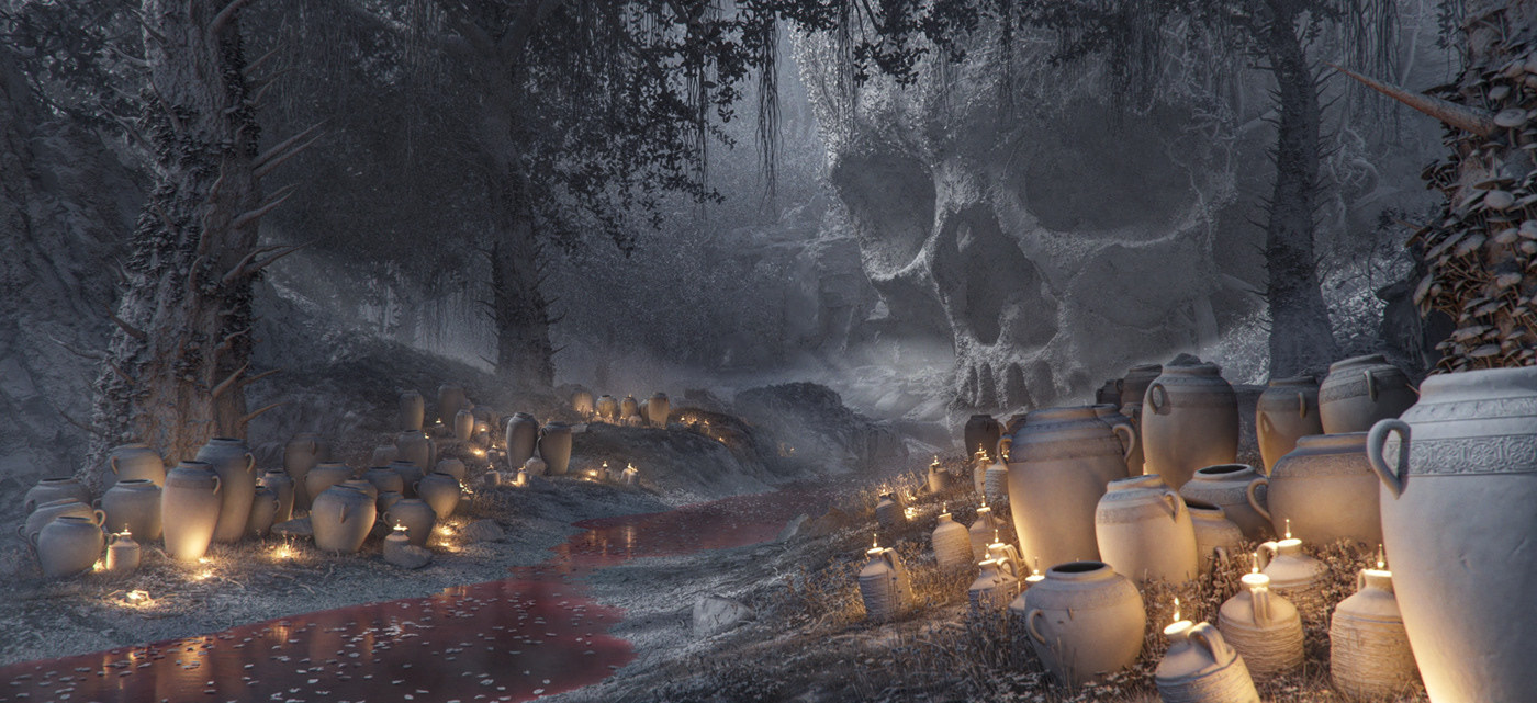 3D CGI dark environment fantasy fog foggy Landscape Render vfx
