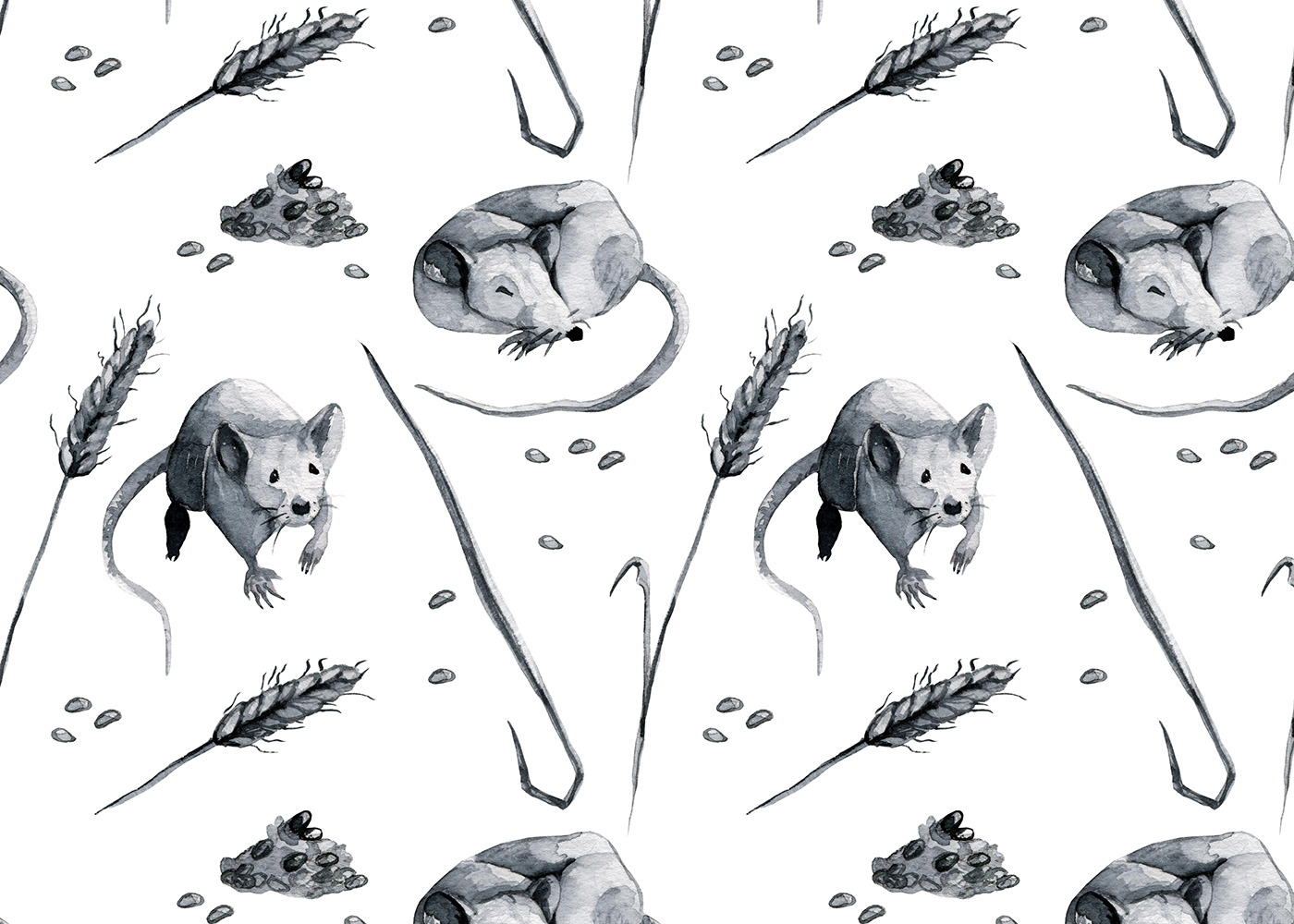 black and white mice seamless pattern watercolor animal fabric design hand-drawn ILLUSTRATION  paynes grey rat