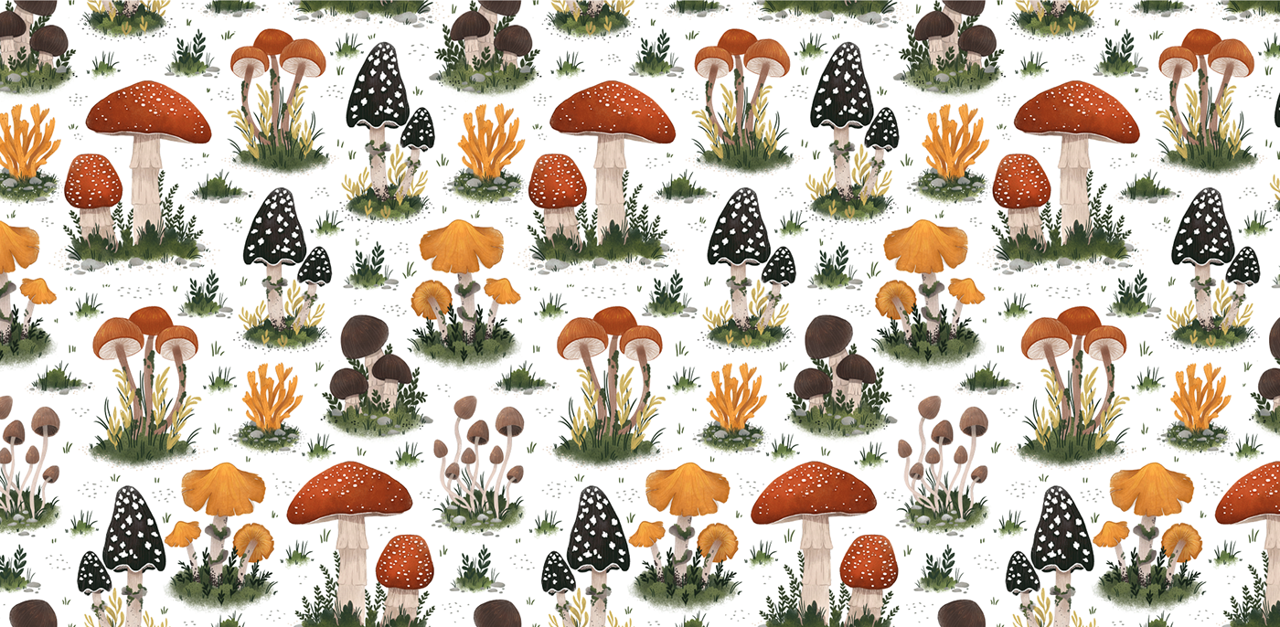 ILLUSTRATION  Fungi Mushrooms pattern design  surface pattern design textile pattern design autumn illustration autumn pattern design fungi pattern fabric design