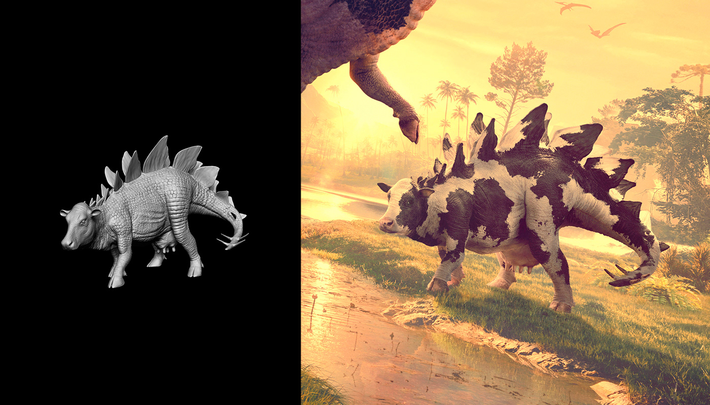 3D Advertising  animals art direction  creative Digital Art  cow dinosaurs jurassic jurassic park