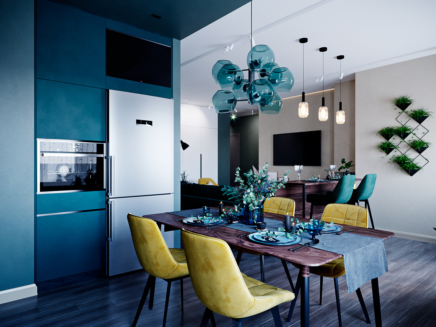 design Interior apartment architecture green kitchen living modern room visualization