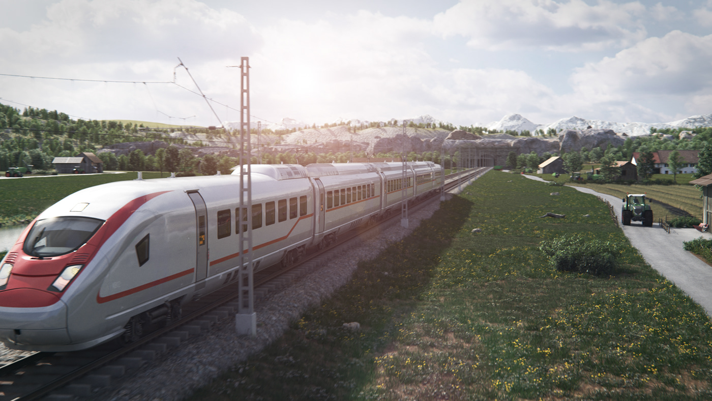 3d animation CGI Landscape swissness train