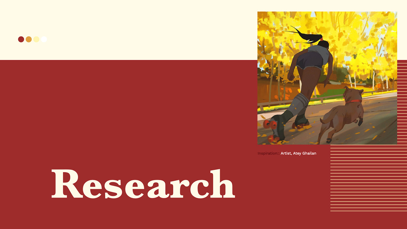 Research title accompanied by illustration of girl rollerblading in fall by Atey Ghailan