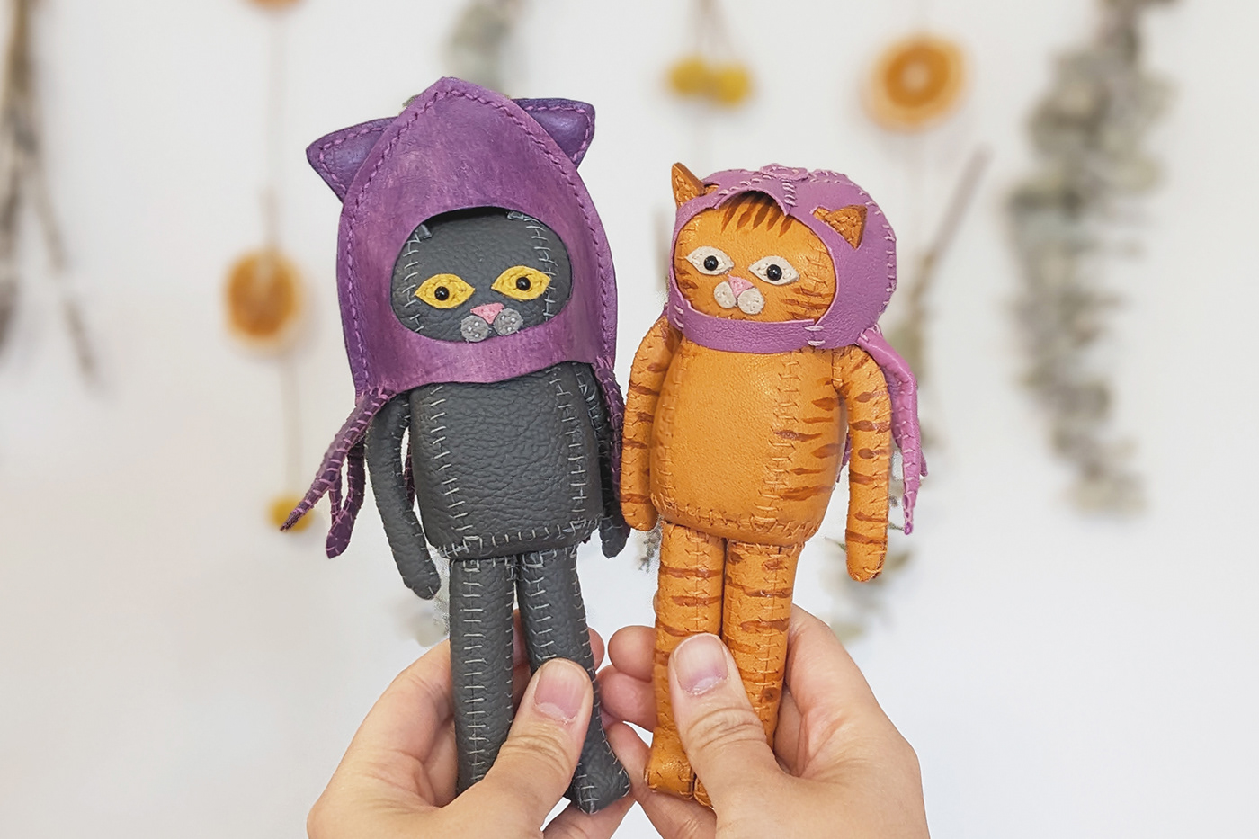 craft handmade Leather Craft leather hand dyed quirky doll Cat cat doll figure