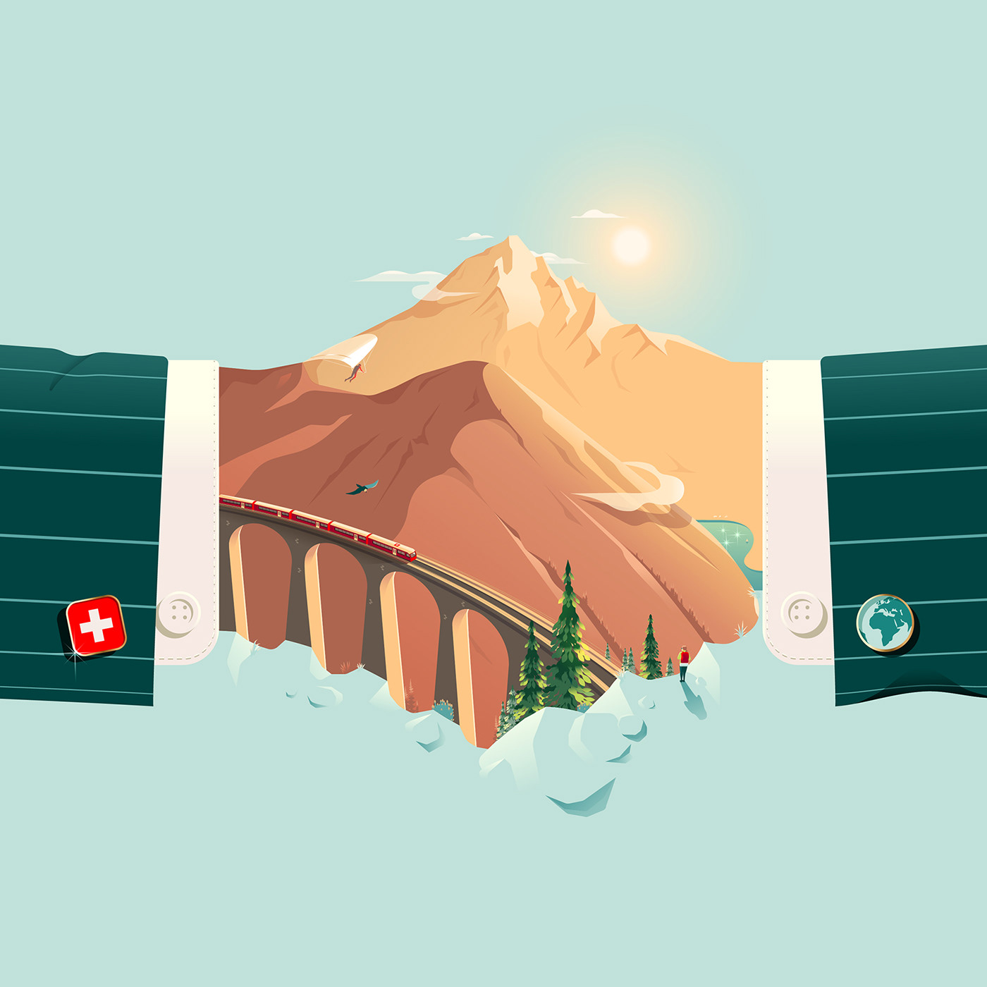 alps business globalisation handshake hanglider Landscape landwasser viaduct mountains swiss Switzerland