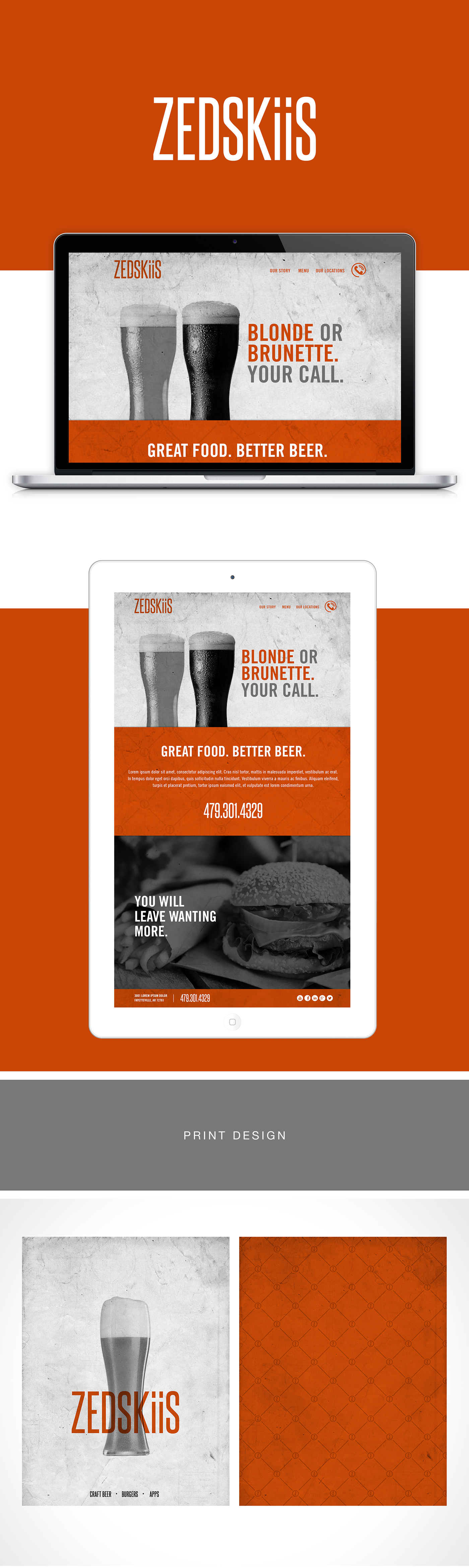 Web design zedskiis homepage landing page beer Food  print menus bar grill creative resturant logo