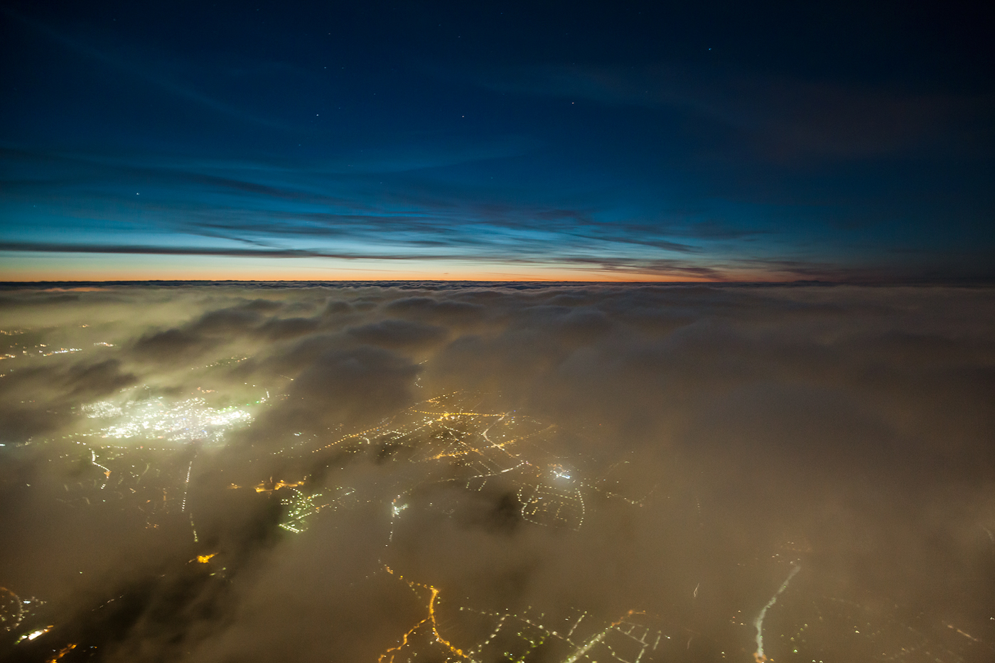 Aerial Landscape night light clouds Urban Nature Dawn light glow Glitter germany the Ruhr district above DAWN Skye