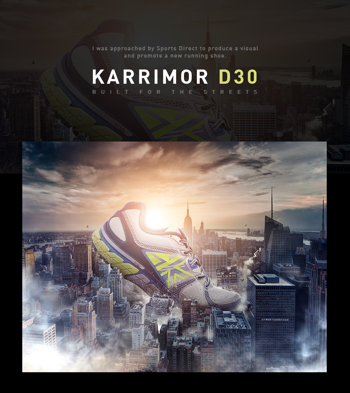 shoe trainer Karrimor photo city advert SKY epic flare cloud cityscape smash run running sport