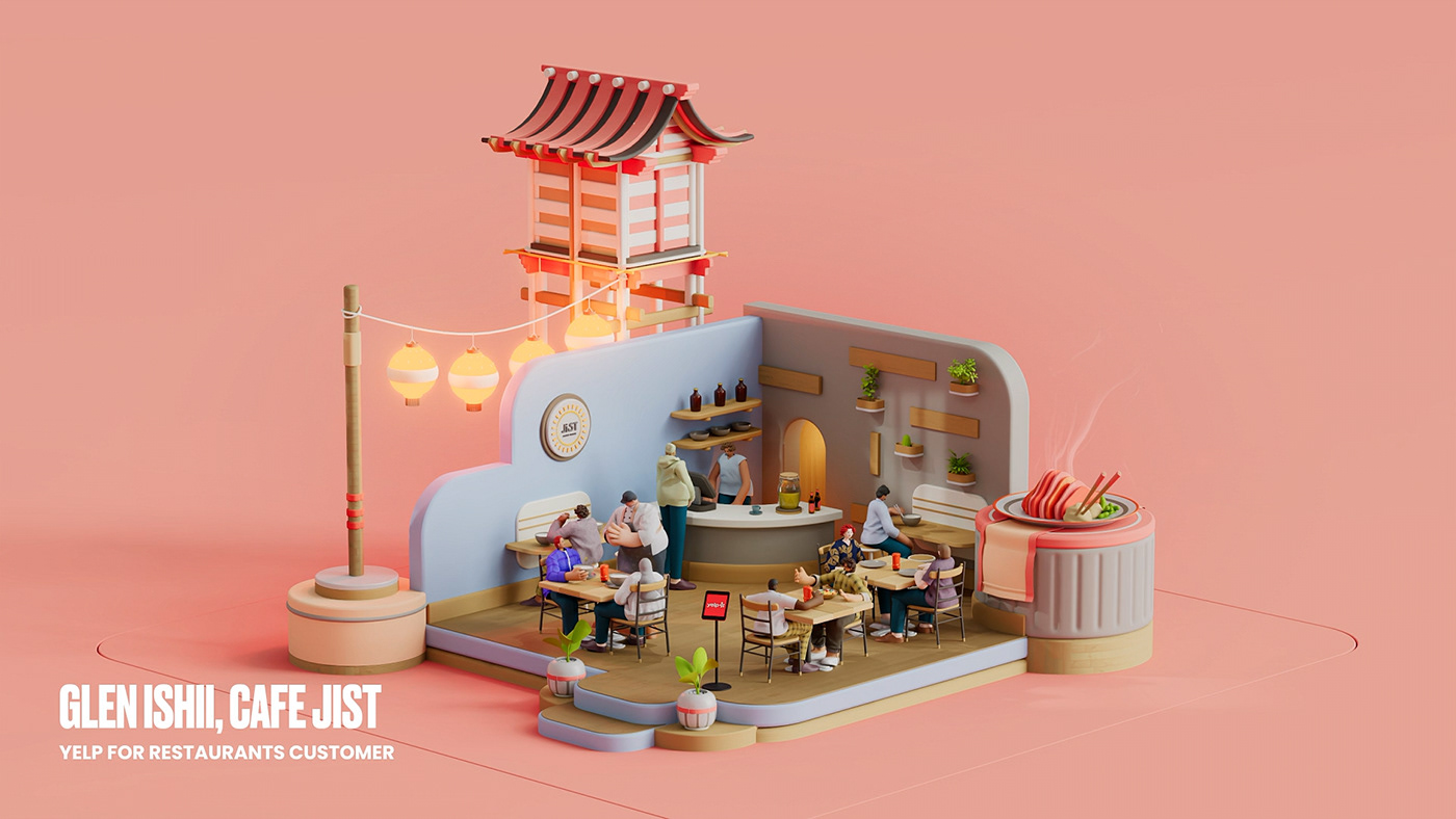 3D art direction  cinema4d design animation  ILLUSTRATION  restaurante set design  Yelp redshift