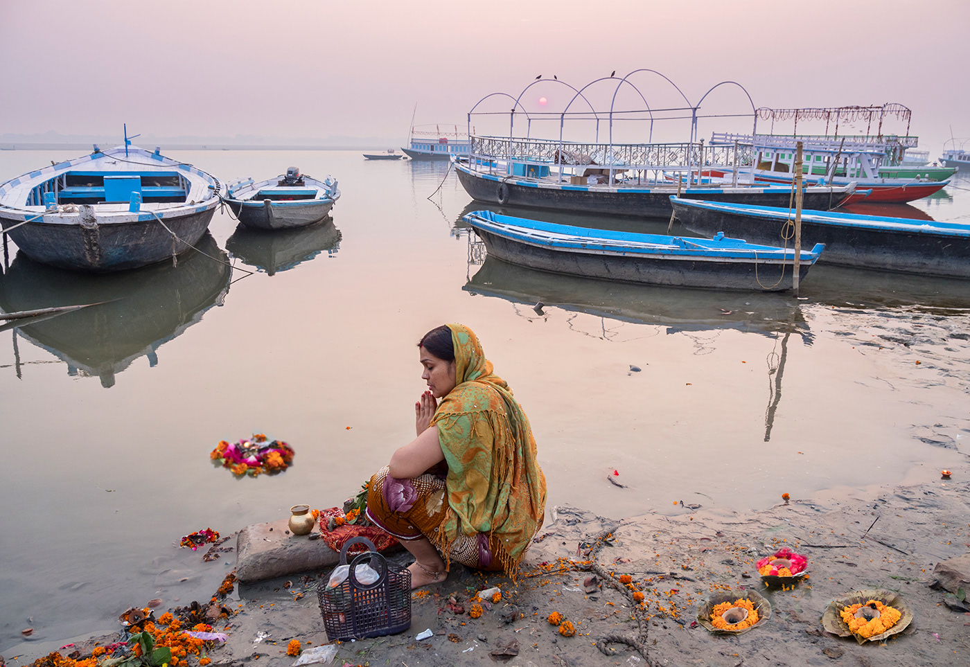 A Hindu worshipper on the Ganges river.
