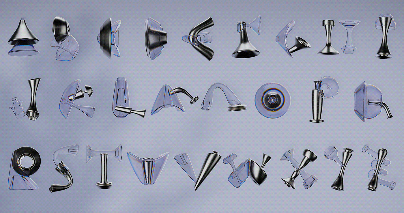 3D daily glass letter material metal Render typography  