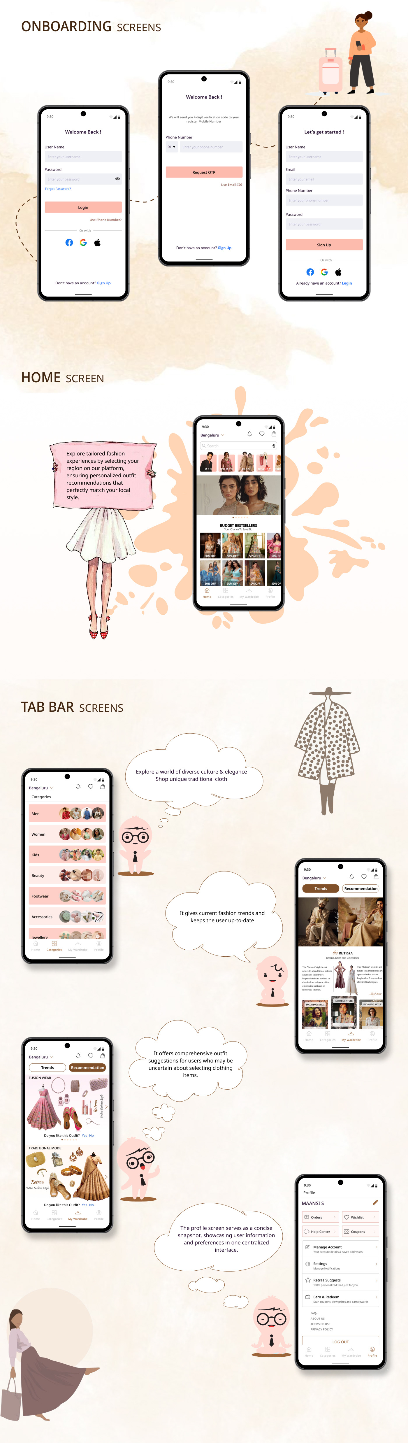 uiuxdesign android presentation Figma Web Design  Mobile app fashion design traditional fashion UX Case Study wireframe Inteaction Design
