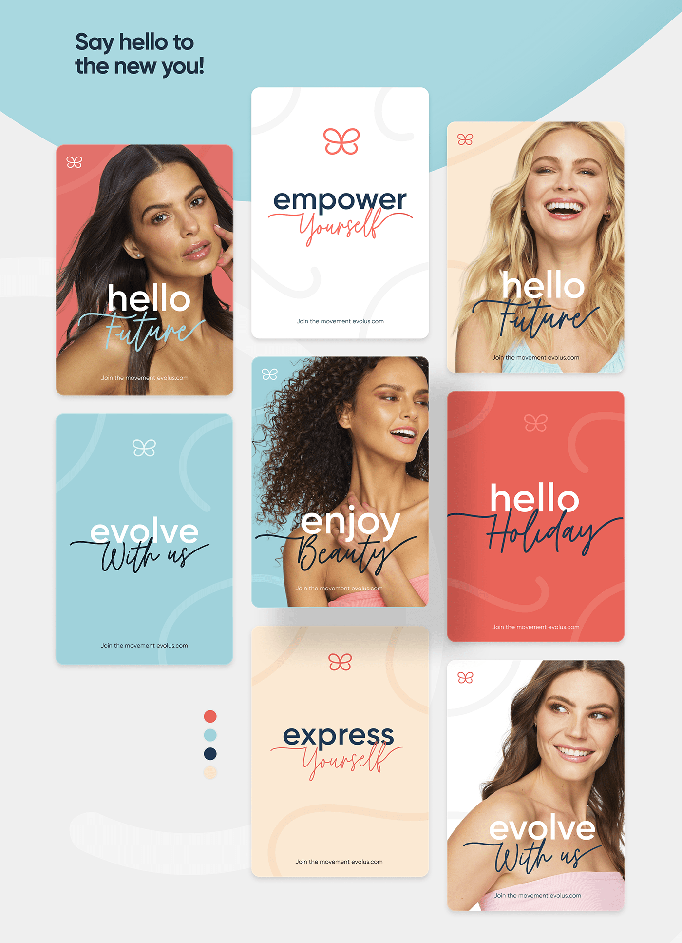 Evolus digital membership cards, featuring contrasting typefaces, symbol, and derived motifs.