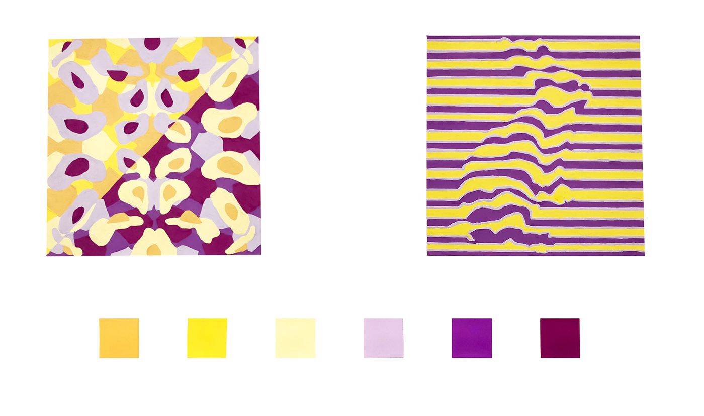 stripes pattern dots Tessellations purple yellow complementary colors Op art optical illusion