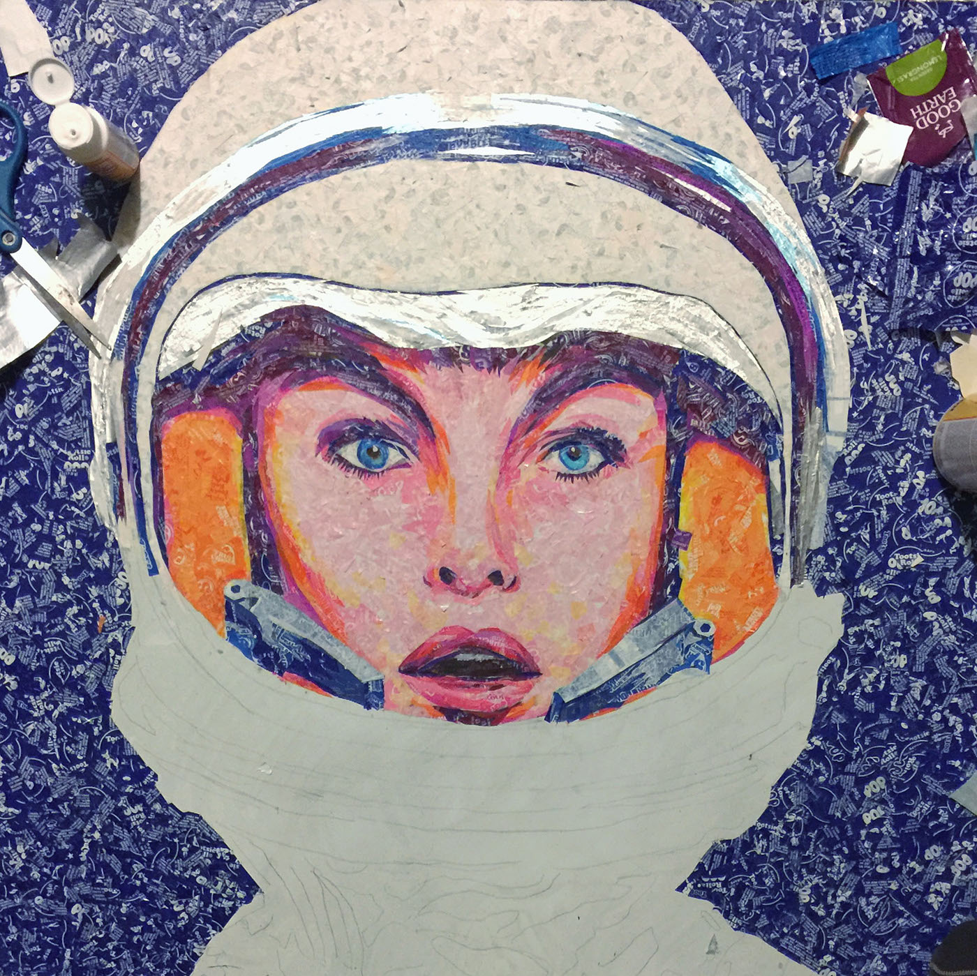 #recycledart #recycle #mosaic #collage #woman #space #silver #fine art #pop art #upcycle