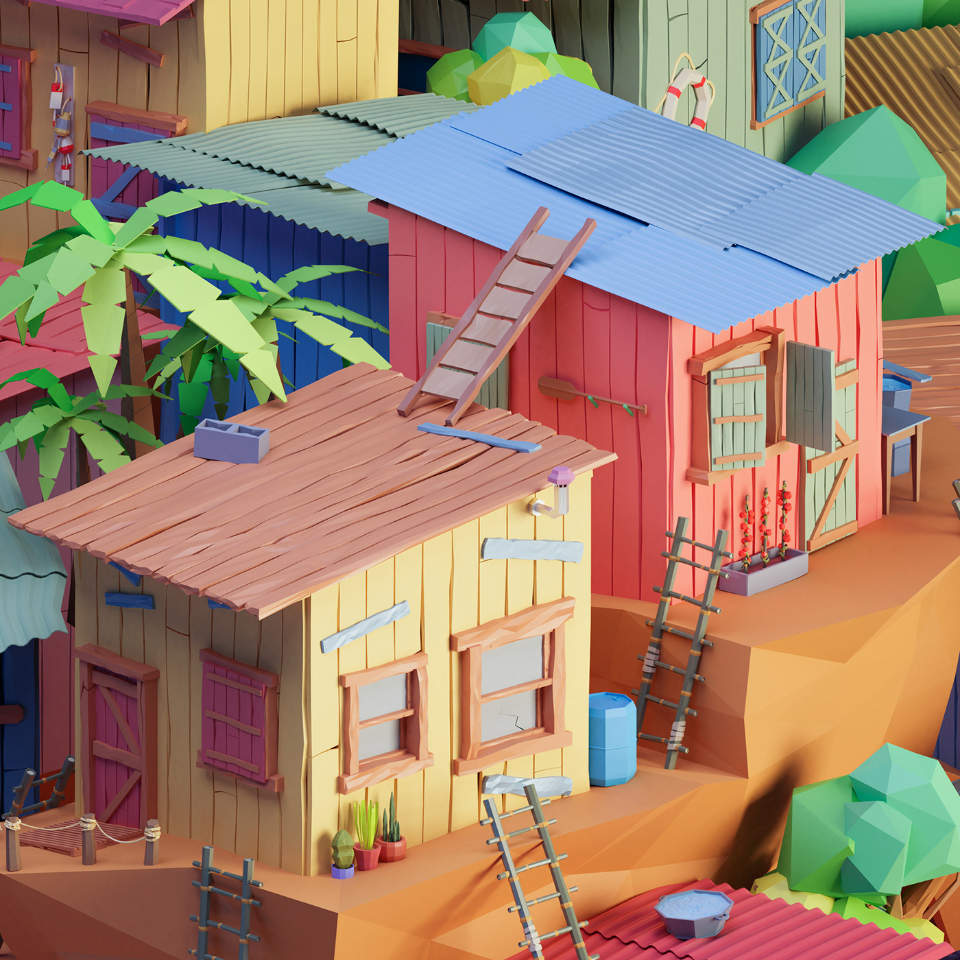 lowpoly Low Poly Isometric Render 3D water village Tropical color slums