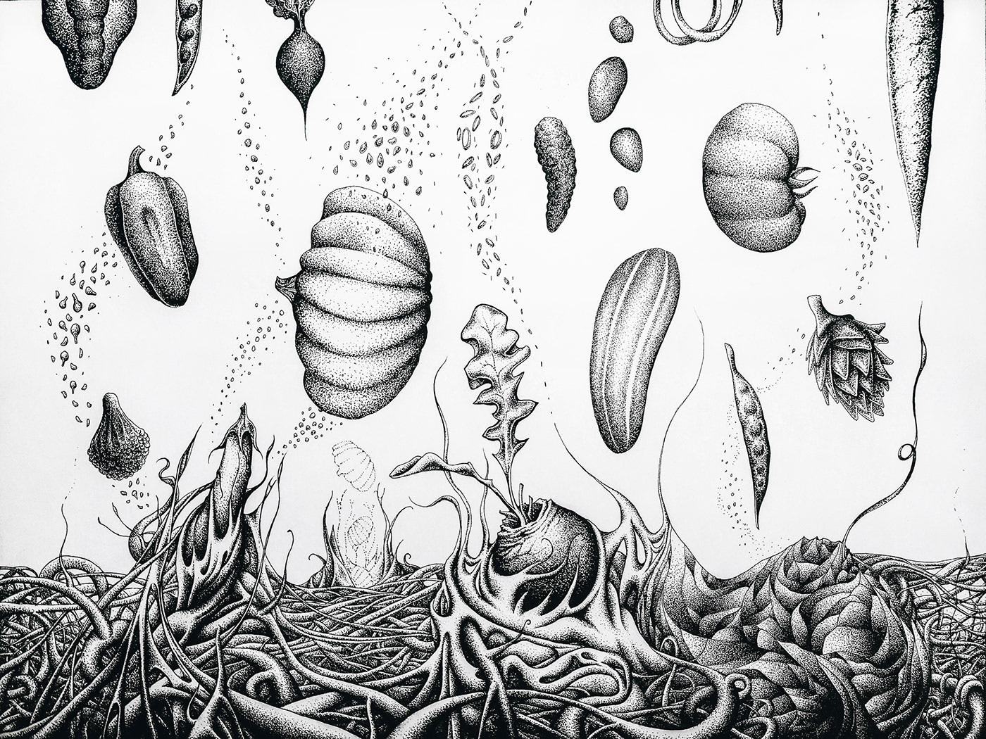 ink Pointillism stippling dots black and white vegetables floral abstract