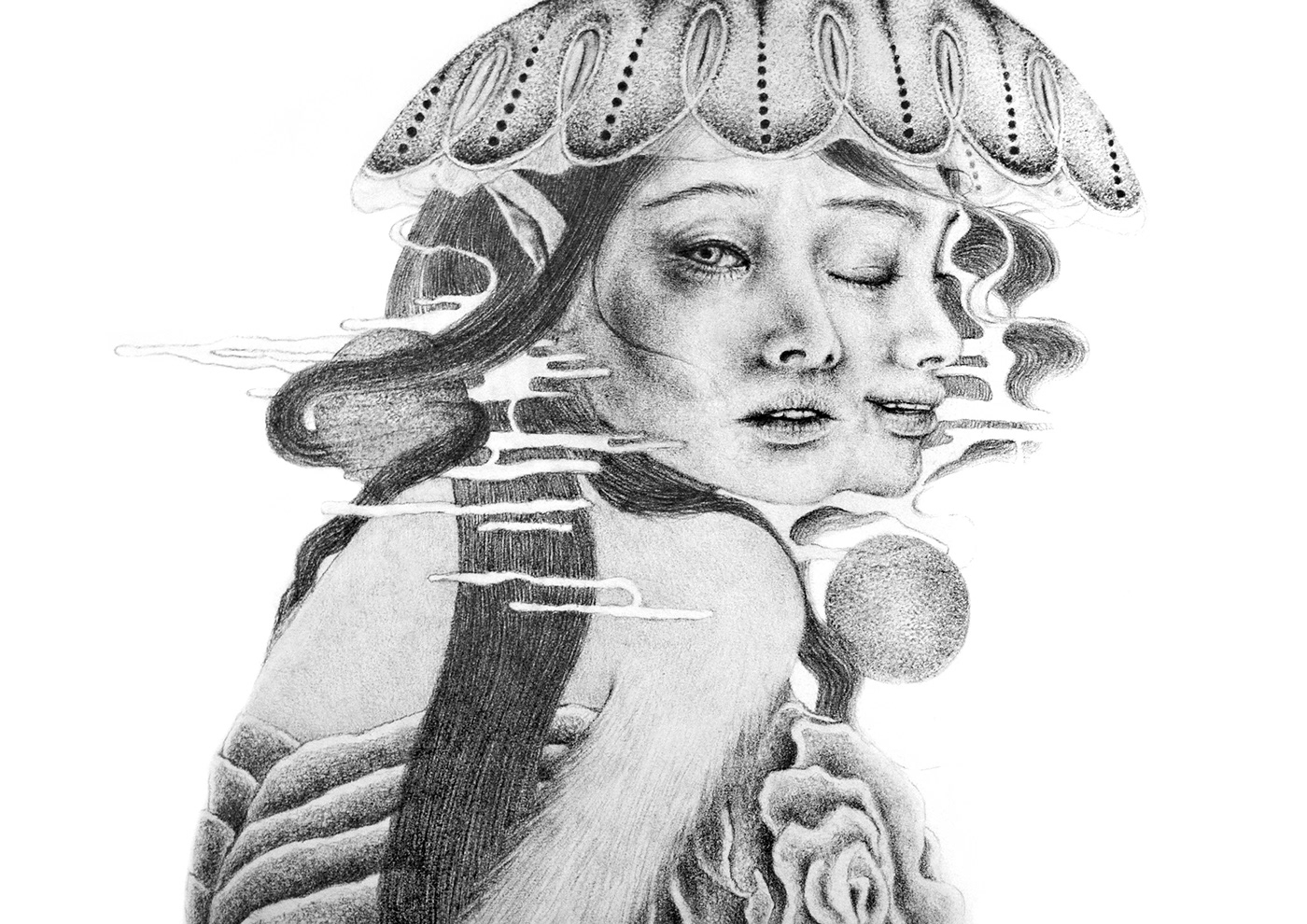 portrait face Drawing  girl boy asian paper pencil black White