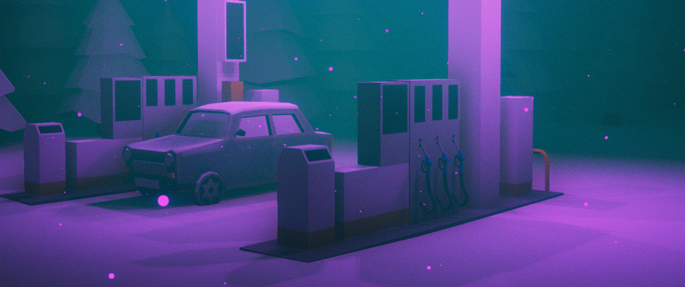 Low Poly blender unity gas station mood light shader snow night