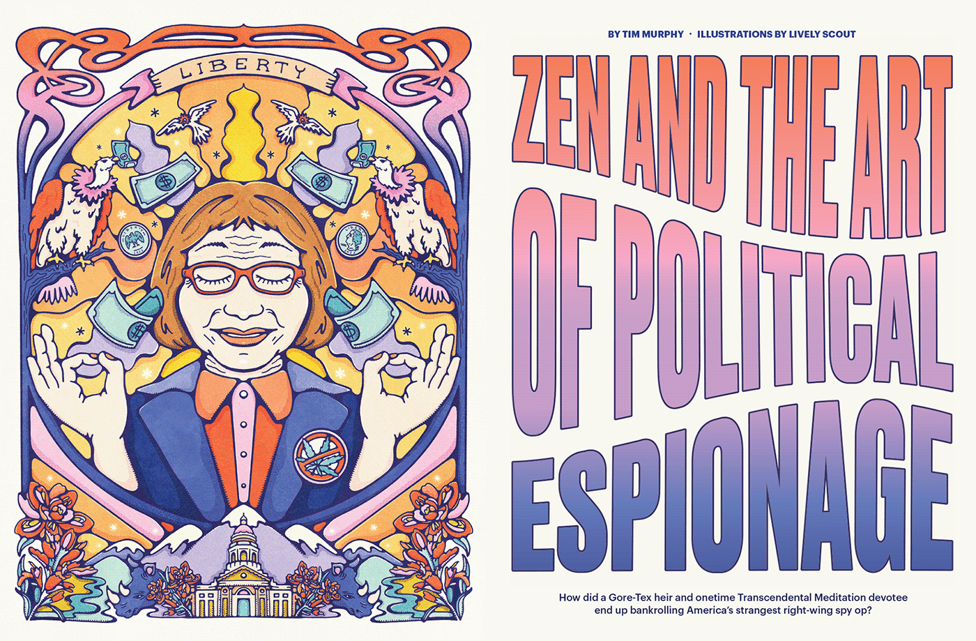 magazine spread of bright political portrait illustration and 'zen and the art of espionage' title
