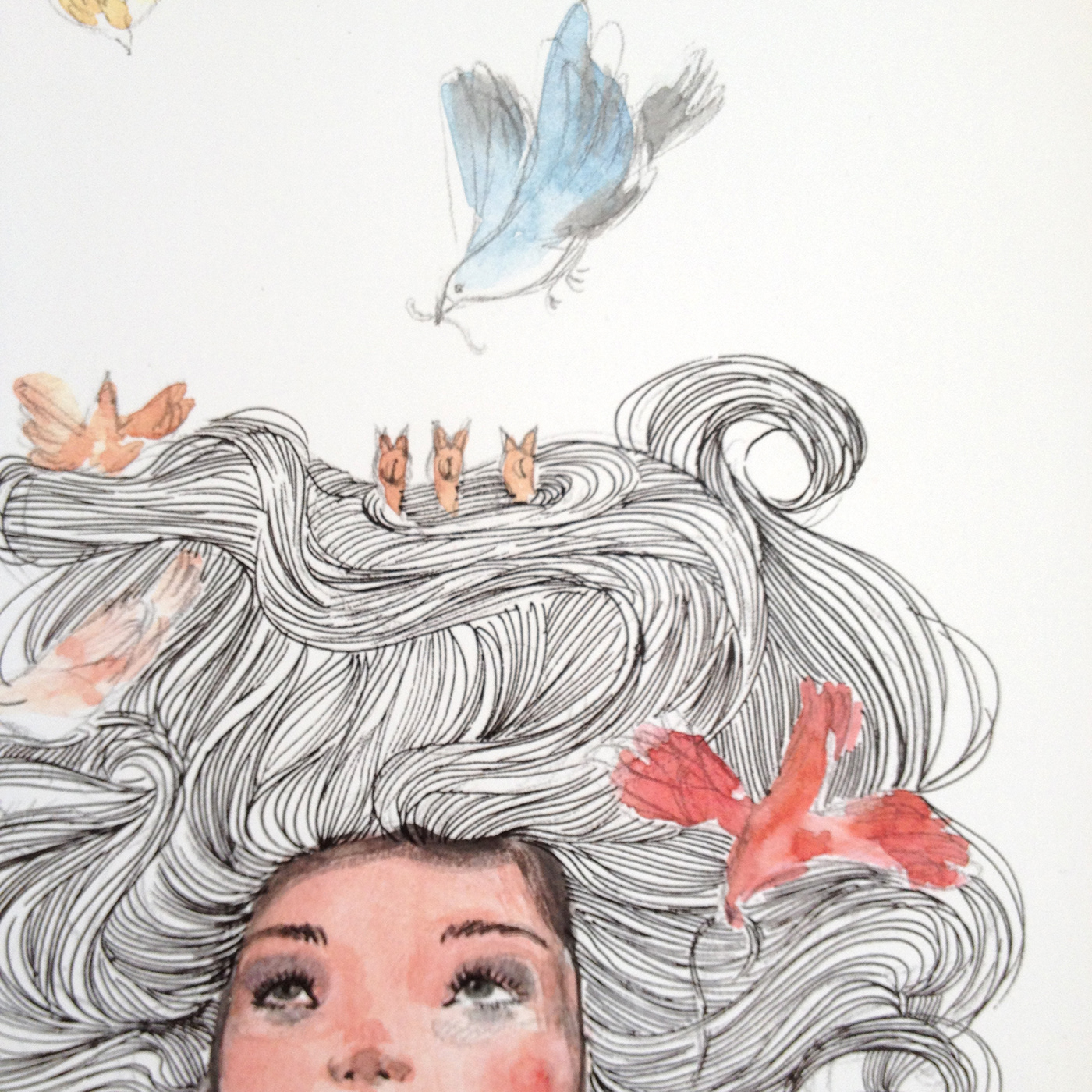 girls watercolor hair sea wind birds Flowers woman tea Boats