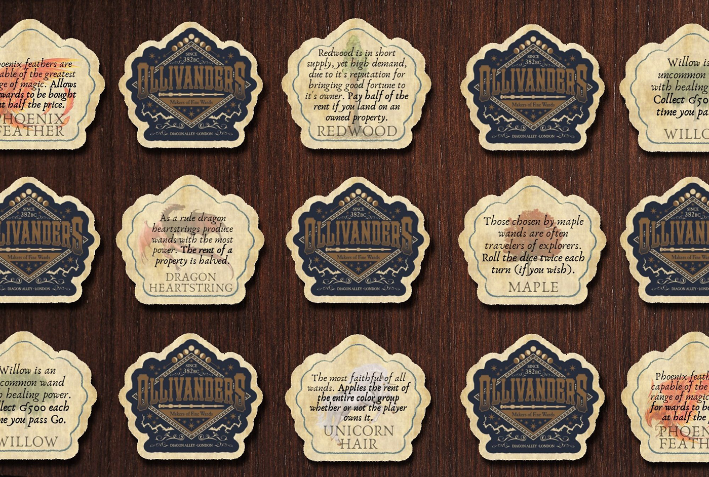 "Find Your Wand" Cards! Get a core on a wood that can be applied to properties on the board!