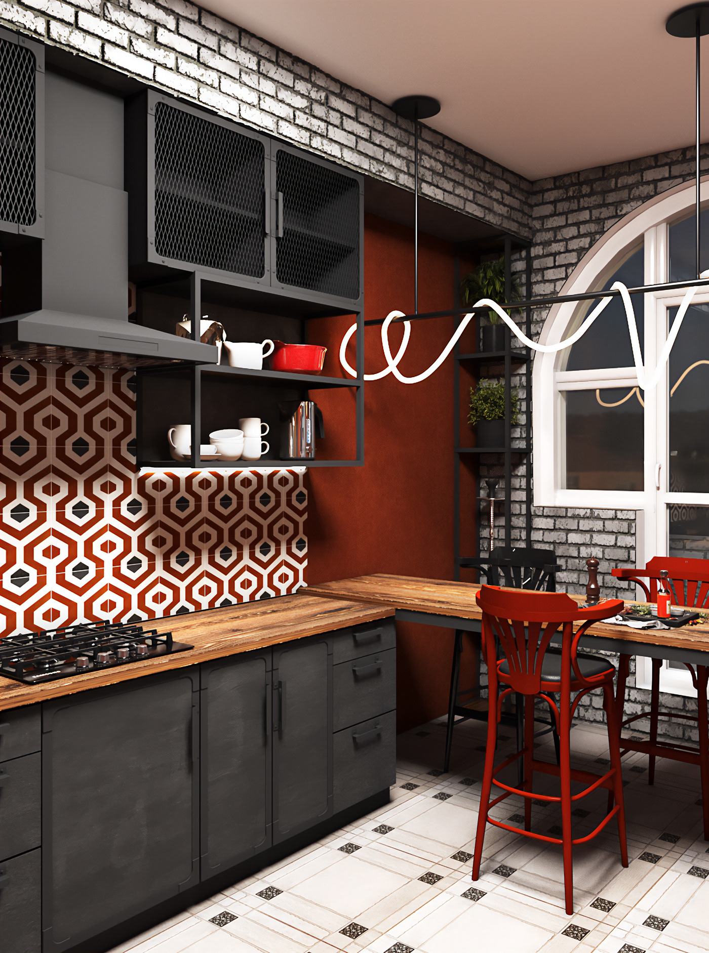 3D 3ds max architecture corona render  Interior interior design  LOFT loft interior loft kitchen tile