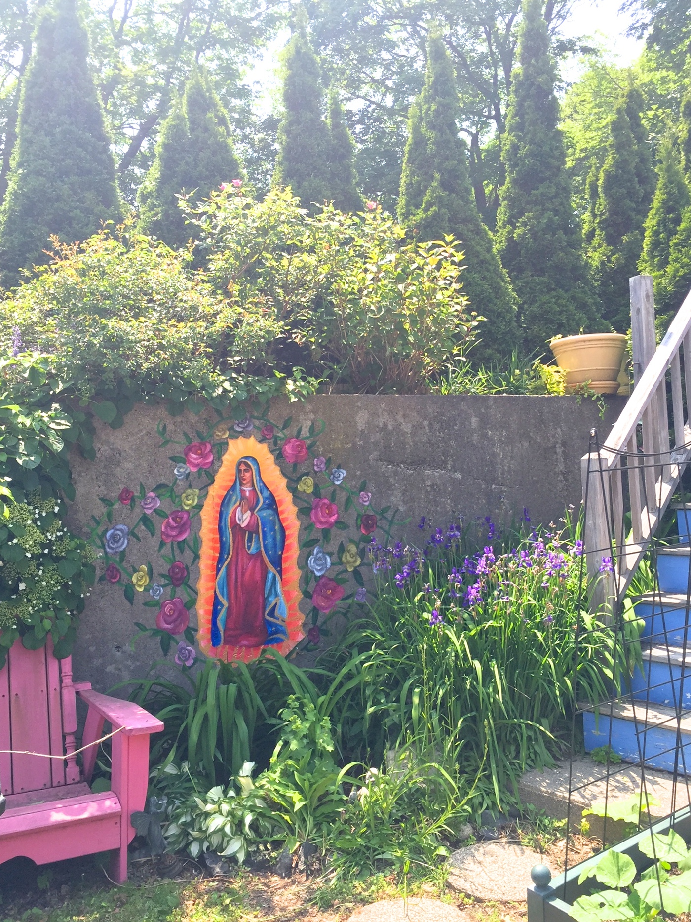 Virgin of Guadalupe our lady Guadalupe Mural wall concrete colorful Flowers virgin Catholic mexico garden outdoors paint Frida Kahlo