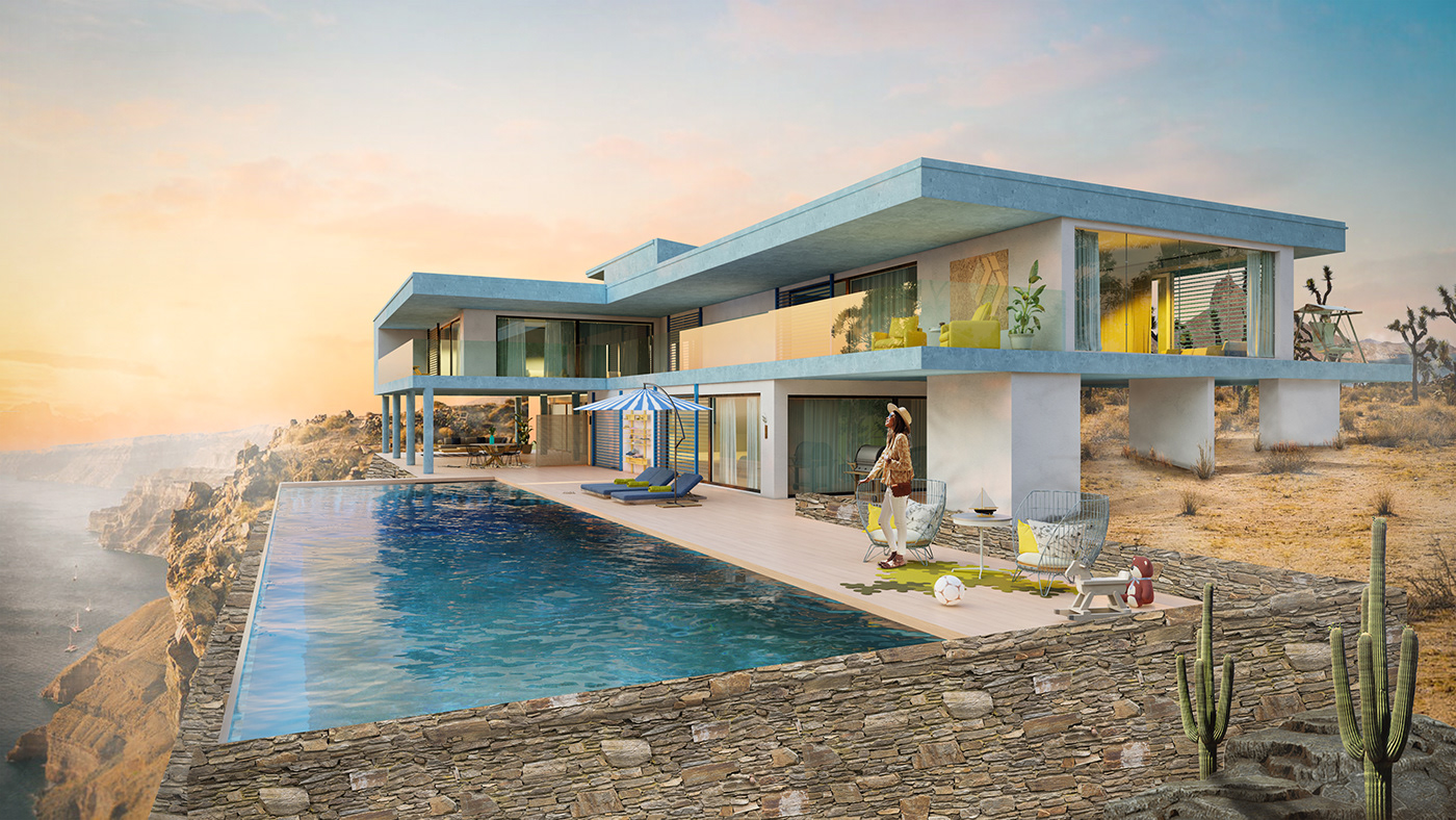 architecture 3D Render interior design  Villa building summer mountains color sea