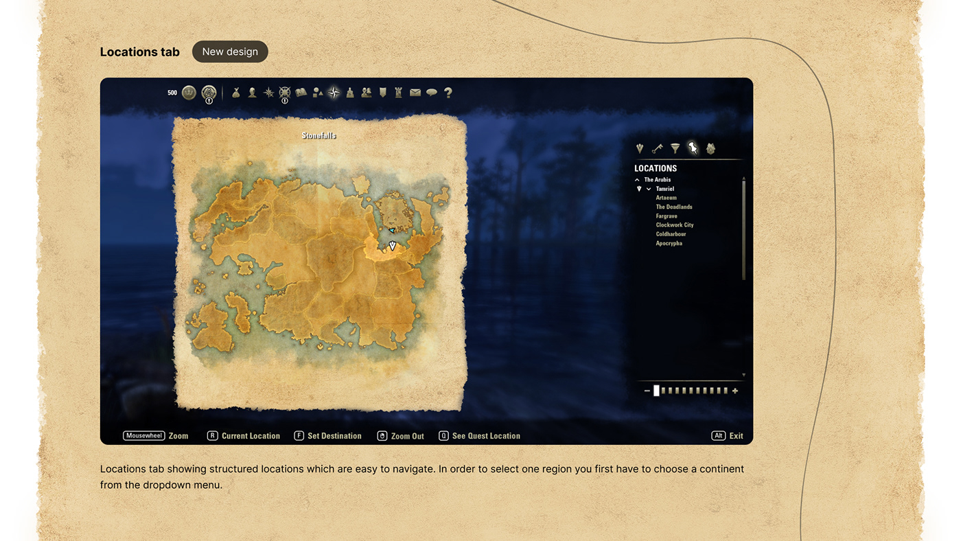 New design for the elder scrolls online map and locations tab