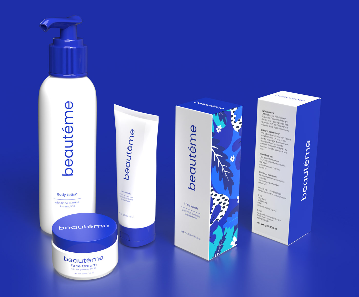 adobedimension blue Cosmetic floraldesign graphic design  Illustrator minimal packaging design photoshop skincare