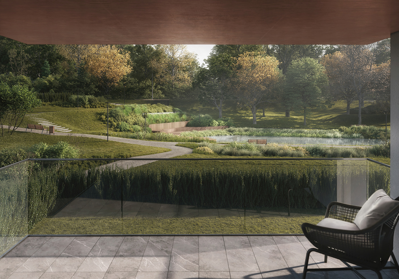 architecture autumn CGI corona lake Outdoor Park pond visualization water