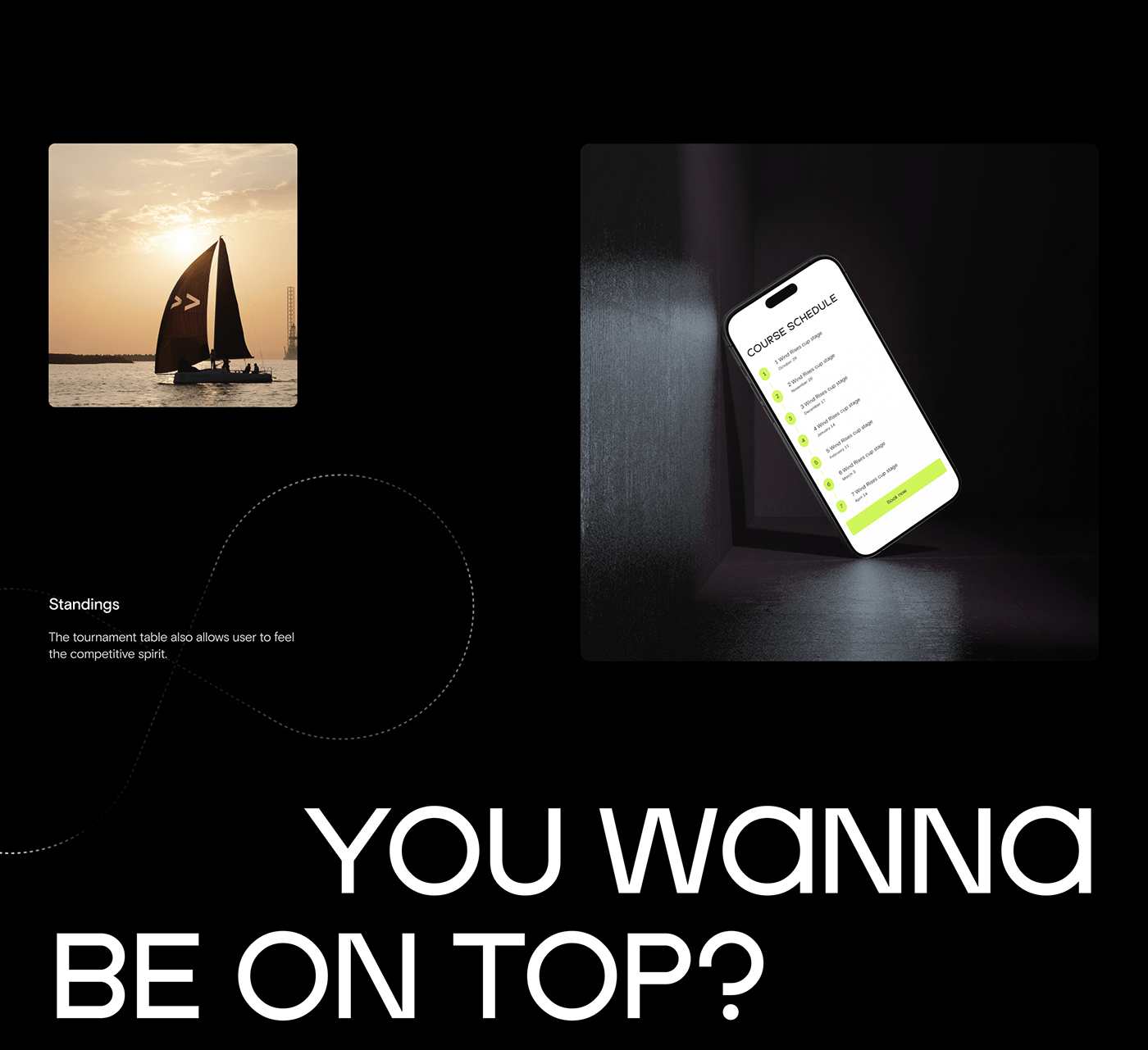 Phone with course schedule, yacht on a sunset