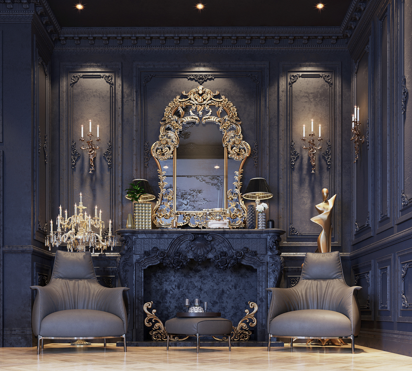 Interior luxury black&gold design architecture Villa reception-hall contrast