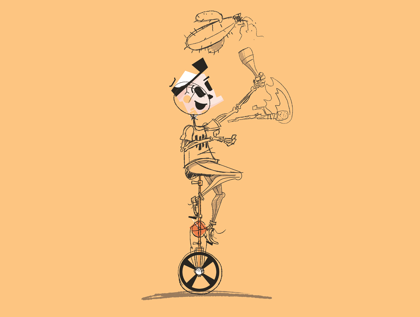 happy skeleton character juggling fire while riding a unicycle