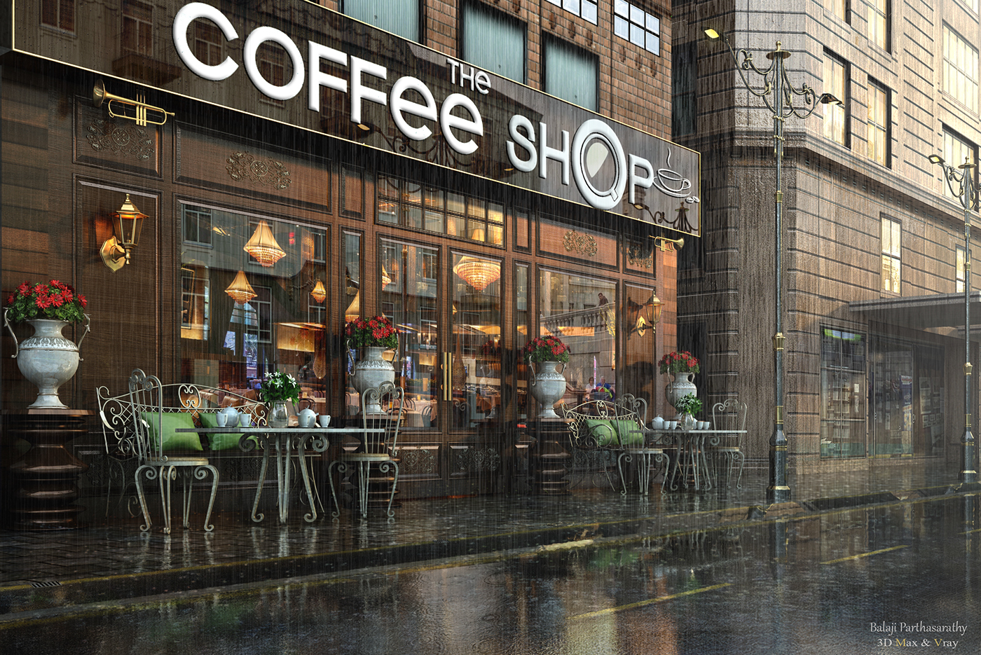 3dmax V-ray photorealistic rendering rain Love architecture city exterior coffee shop