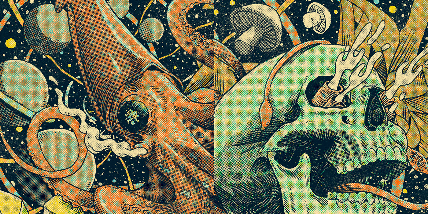cosmos Space  Squid halftome screentone Planets skull psychedelic Scifi