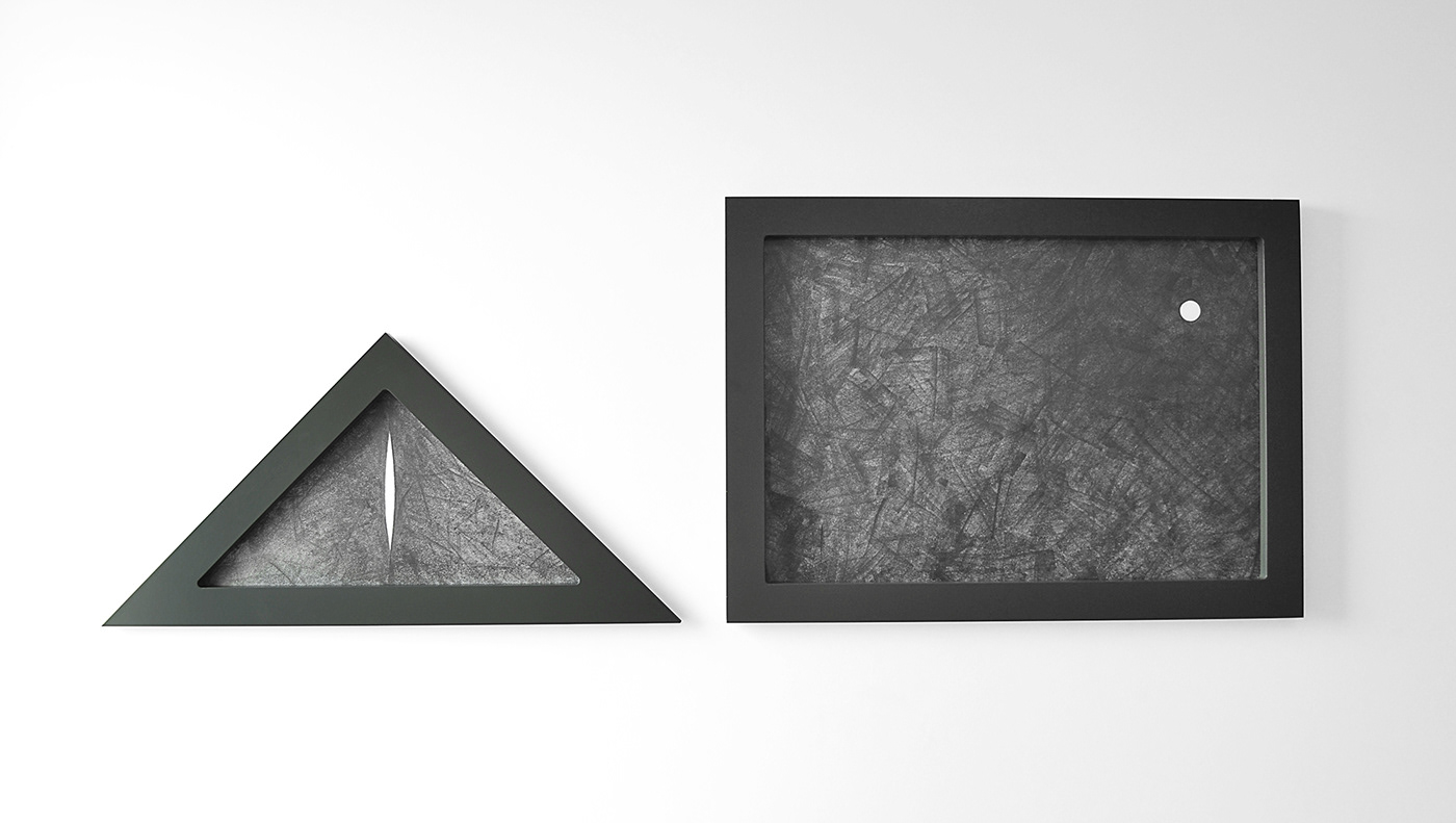 Diptych “Epilogue” drawing by Matija Blagojevic Pencil on paper, wood, glass 140 x 48cm, 2015