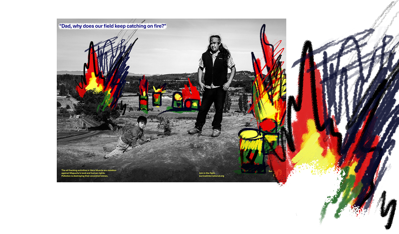campaign concept Digital Art  graphics ILLUSTRATION  poster social audience challenge childish fracking indigenous mapuche neuquen oil painting   protest SDG UN Agenda vaca muerta YPF
